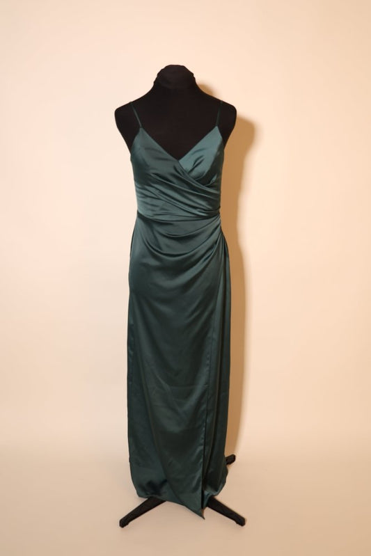 Second Hand elegantes Satin - Abendkleid mit V - Ausschnitt, dunkelgrün - Dein Kleiderladen