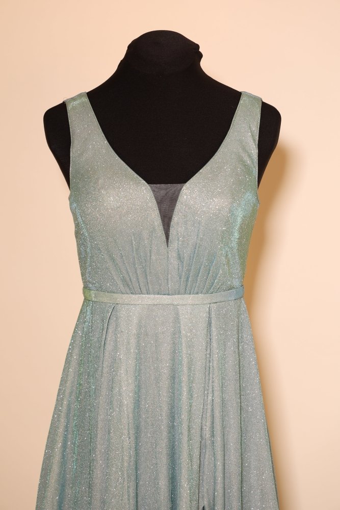 Second Hand Glitzernes Abendkleid mit V - Ausschnitt und leicht ausgestelltem Rock, mint - Dein Kleiderladen