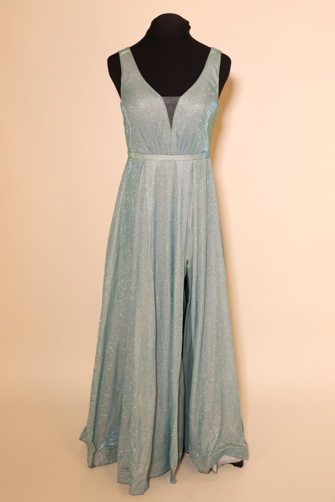 Second Hand Glitzernes Abendkleid mit V - Ausschnitt und leicht ausgestelltem Rock, mint - Dein Kleiderladen