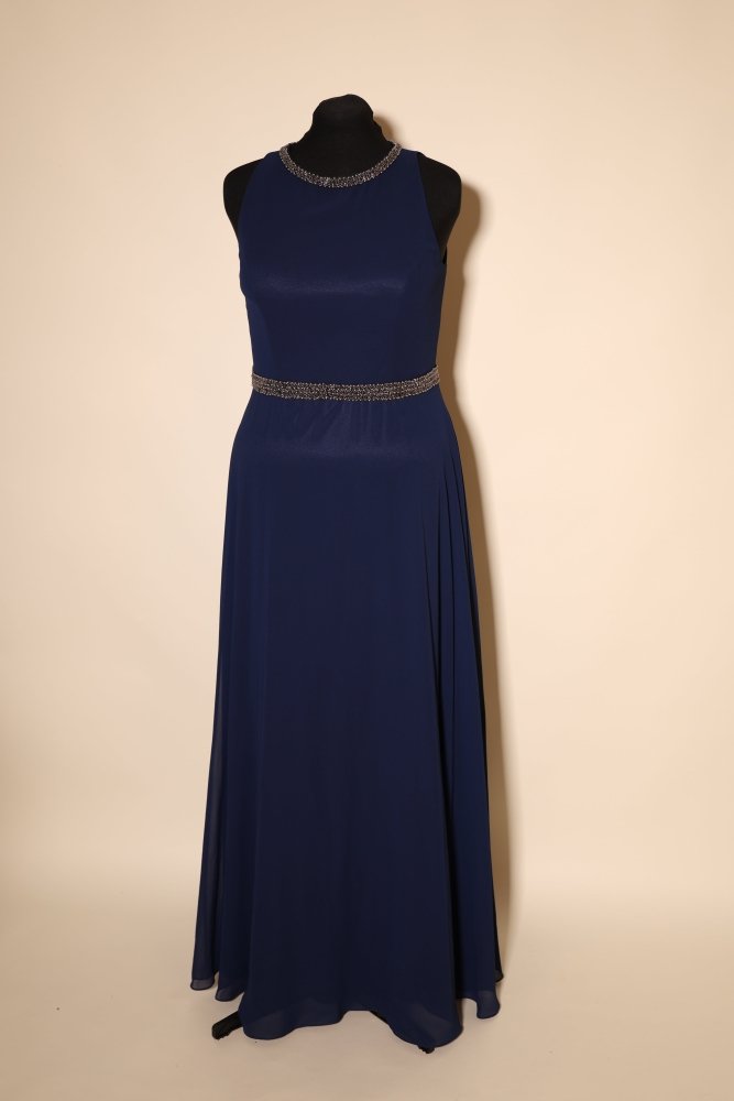 Second Hand hochgeschlossenes Abendkleid mit funkelndem Kragen und fließendem Maxirock, dunkelblau - Dein Kleiderladen