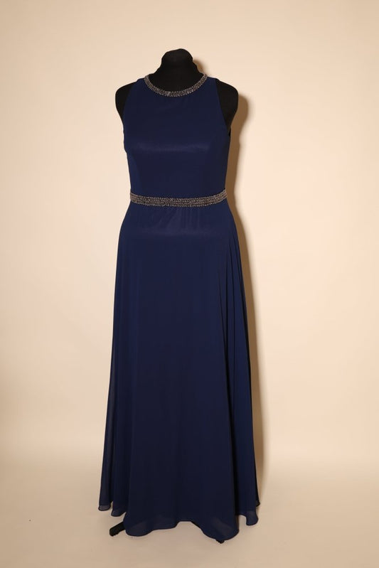 Second Hand hochgeschlossenes Abendkleid mit funkelndem Kragen und fließendem Maxirock, dunkelblau - Dein Kleiderladen