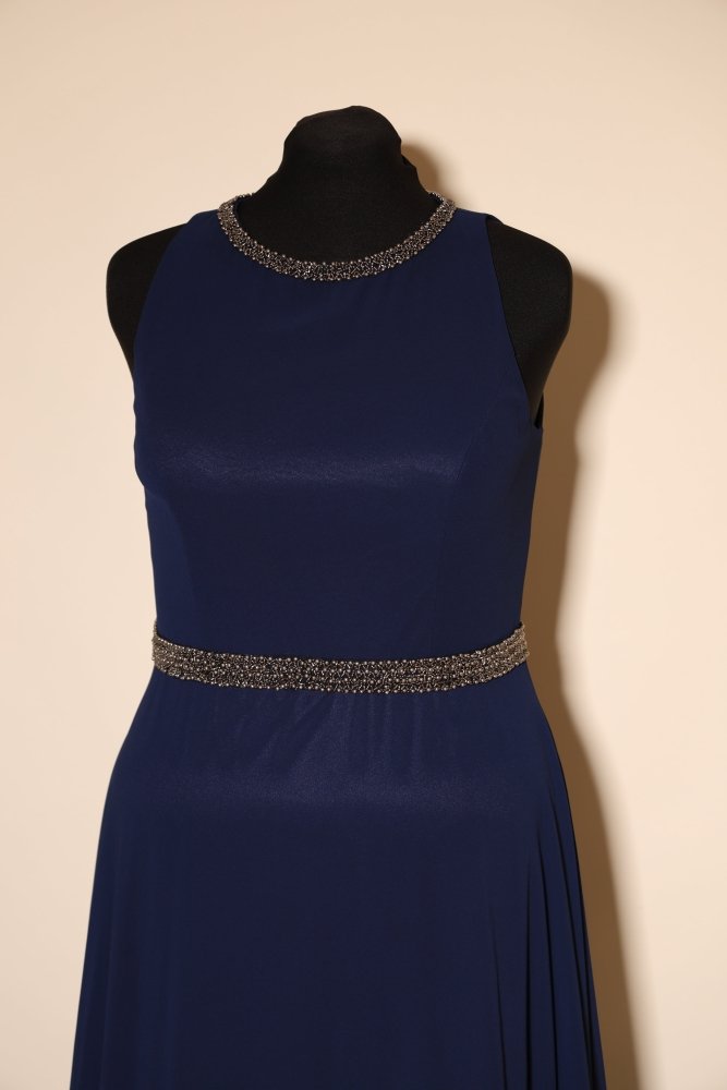 Second Hand hochgeschlossenes Abendkleid mit funkelndem Kragen und fließendem Maxirock, dunkelblau - Dein Kleiderladen