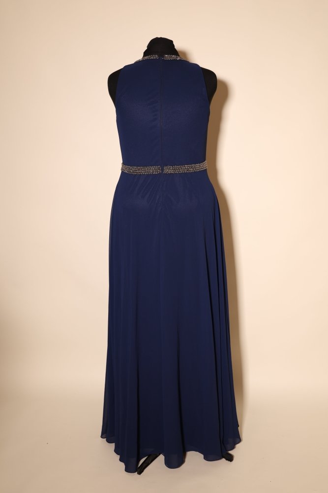 Second Hand hochgeschlossenes Abendkleid mit funkelndem Kragen und fließendem Maxirock, dunkelblau - Dein Kleiderladen