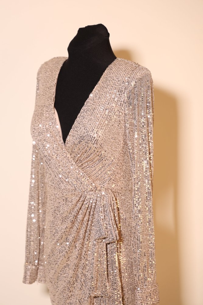 Second Hand kurzes Paillettenkleid mit langen Ärmeln, beige - Dein Kleiderladen