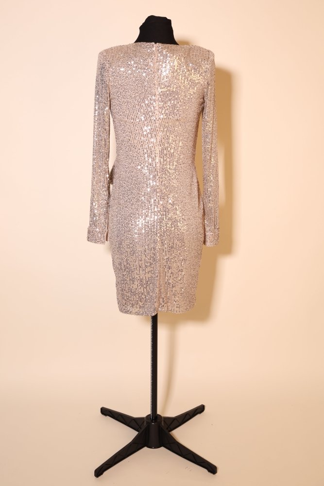 Second Hand kurzes Paillettenkleid mit langen Ärmeln, beige - Dein Kleiderladen