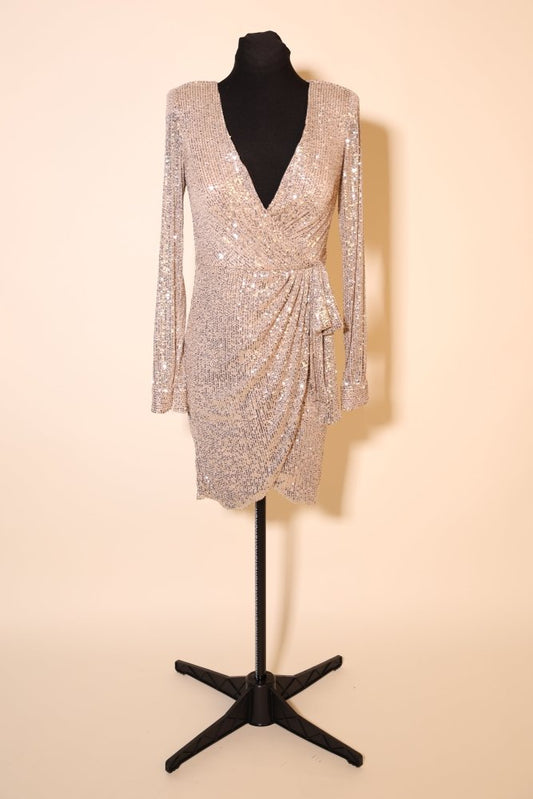 Second Hand kurzes Paillettenkleid mit langen Ärmeln, beige - Dein Kleiderladen