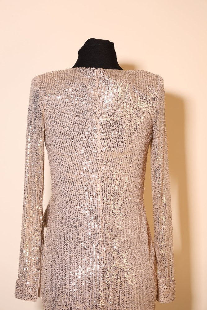 Second Hand kurzes Paillettenkleid mit langen Ärmeln, beige - Dein Kleiderladen