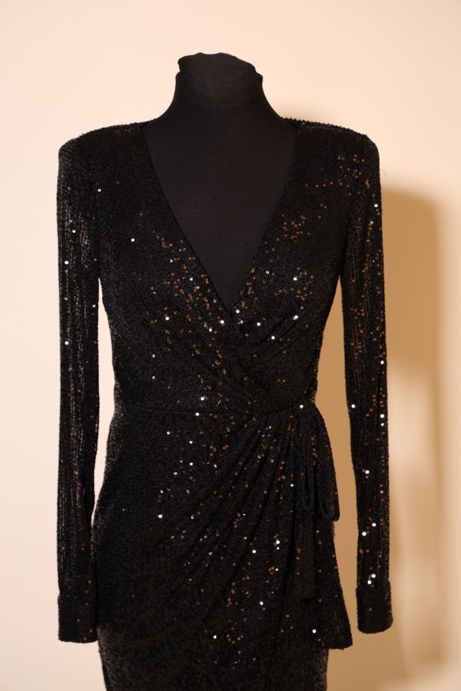 Second Hand kurzes Paillettenkleid mit langen Ärmeln, schwarz - Dein Kleiderladen