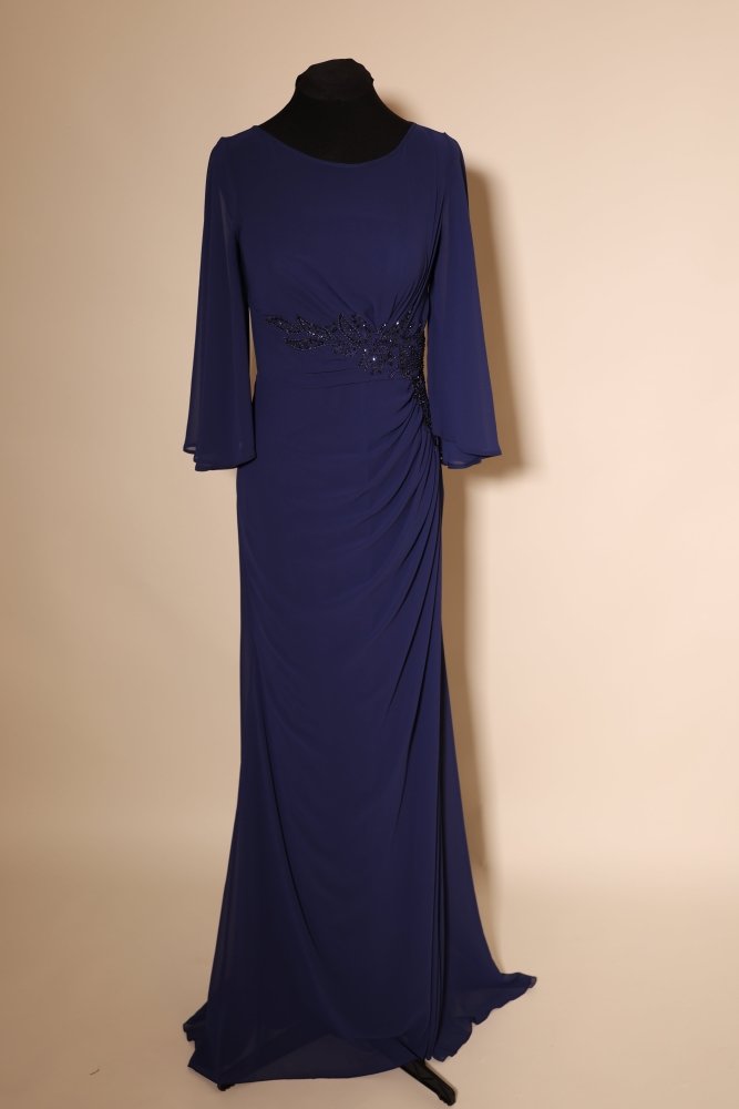 Second - Hand langarm Chiffonkleid mit Raffungen und Bestickungen, dunkelblau - Dein Kleiderladen