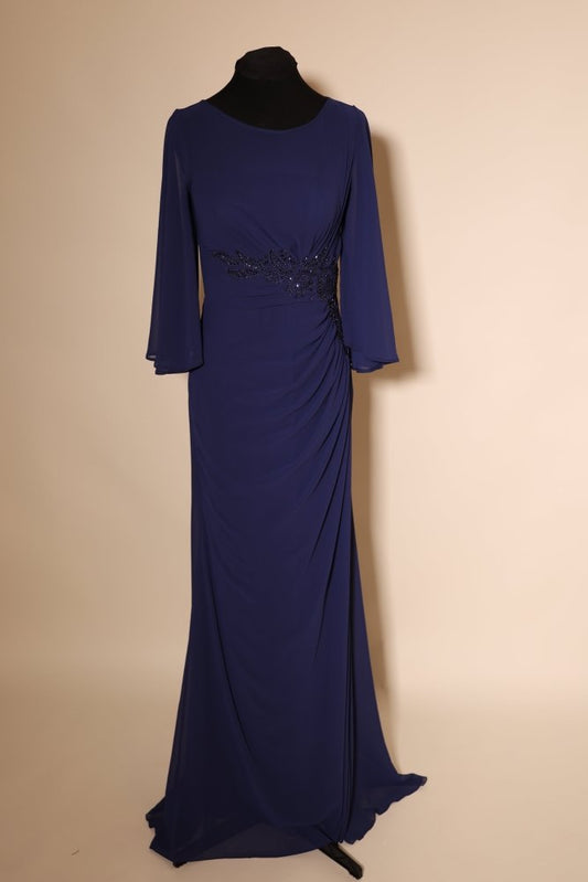 Second - Hand langarm Chiffonkleid mit Raffungen und Bestickungen, dunkelblau - Dein Kleiderladen