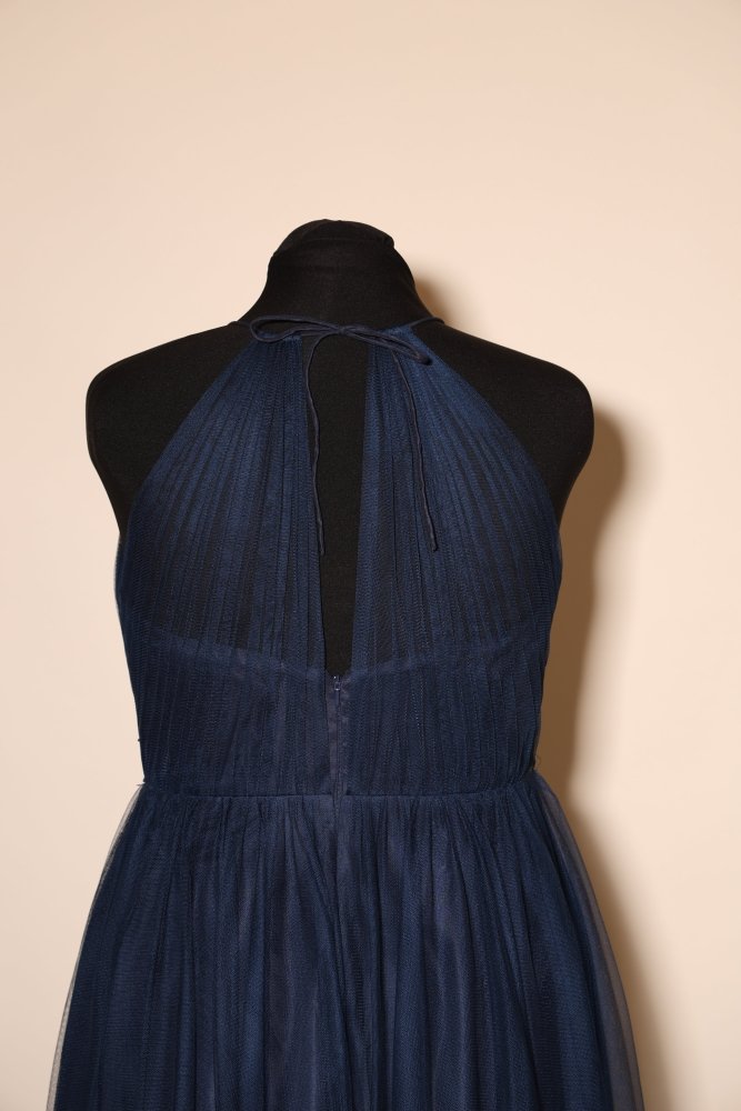 Second Hand Neckholder - Abendkleid mit Keyhole - Ausschnitt und fließendem Tüll - Maxirock, dunkelblau - Dein Kleiderladen