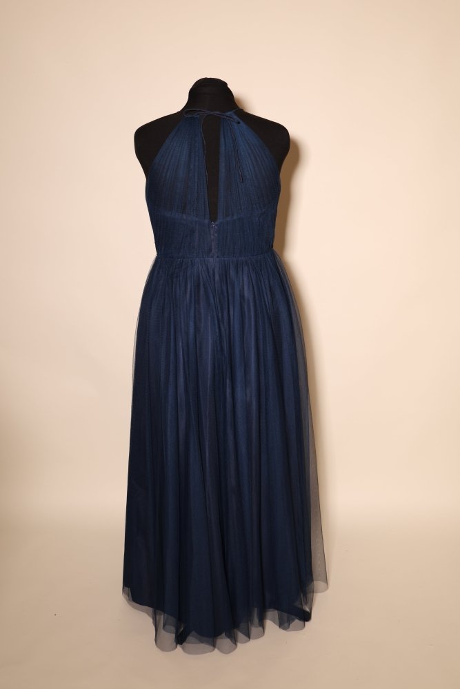 Second Hand Neckholder - Abendkleid mit Keyhole - Ausschnitt und fließendem Tüll - Maxirock, dunkelblau - Dein Kleiderladen