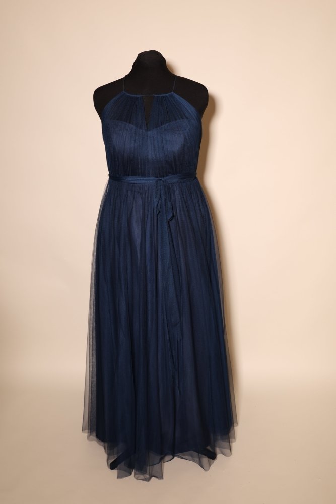 Second Hand Neckholder - Abendkleid mit Keyhole - Ausschnitt und fließendem Tüll - Maxirock, dunkelblau - Dein Kleiderladen