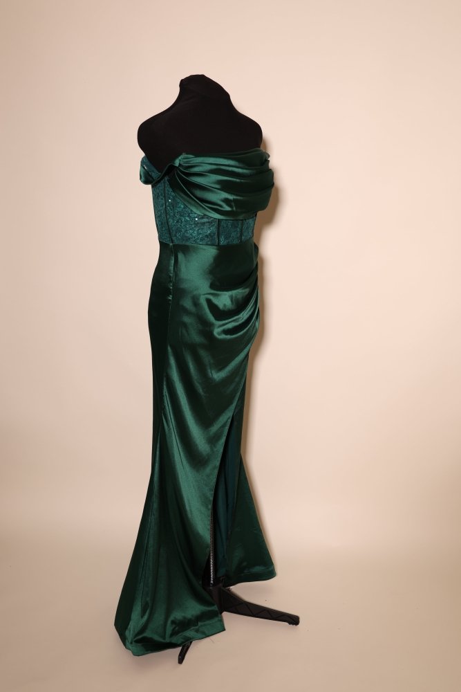 Second - Hand Off - Shoulder Satinkleid mit Korsettoptik und Beinschlitz, dunkelgrün - Dein Kleiderladen