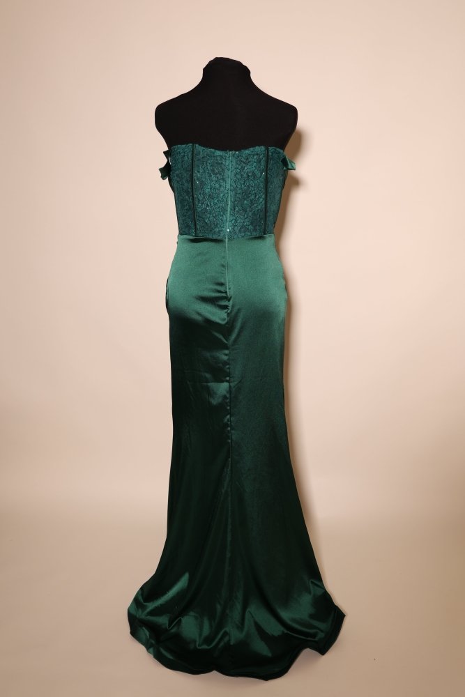 Second - Hand Off - Shoulder Satinkleid mit Korsettoptik und Beinschlitz, dunkelgrün - Dein Kleiderladen