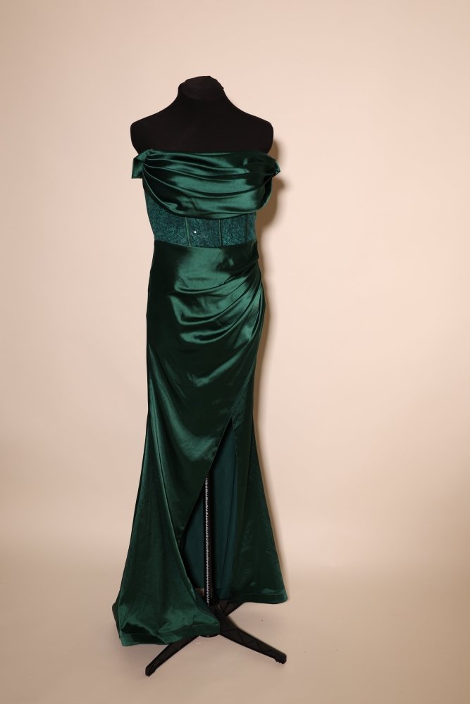 Second - Hand Off - Shoulder Satinkleid mit Korsettoptik und Beinschlitz, dunkelgrün - Dein Kleiderladen