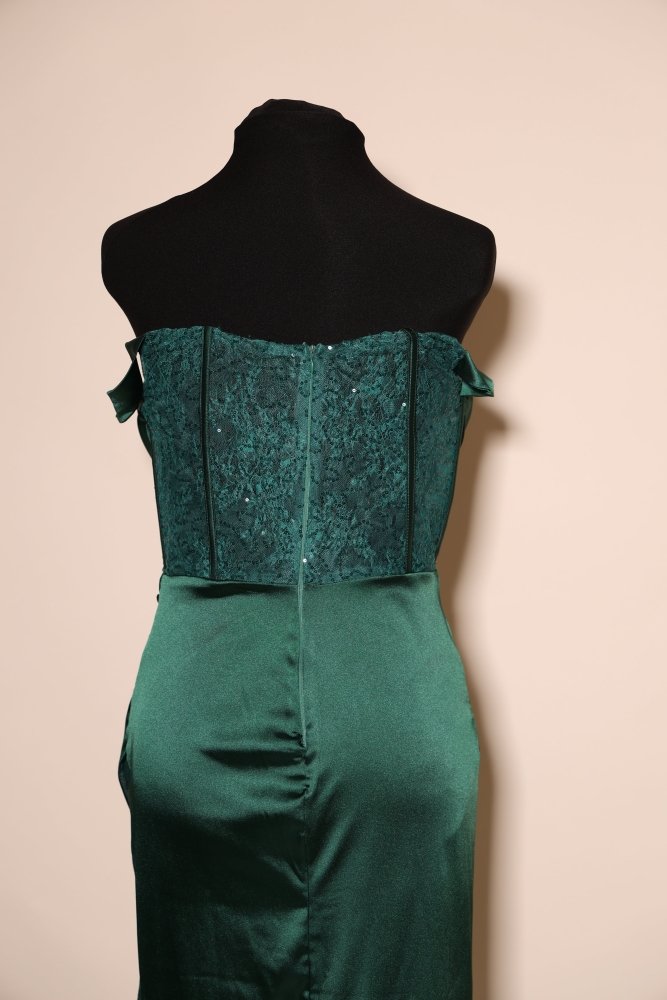 Second - Hand Off - Shoulder Satinkleid mit Korsettoptik und Beinschlitz, dunkelgrün - Dein Kleiderladen