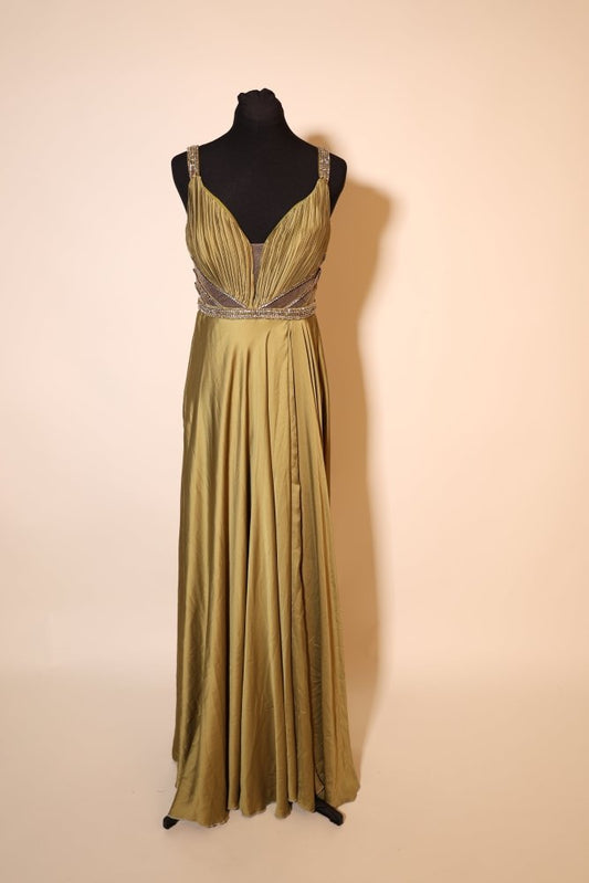 Second Hand Satinkleid mit eleganten Cutouts, kaki - Dein Kleiderladen