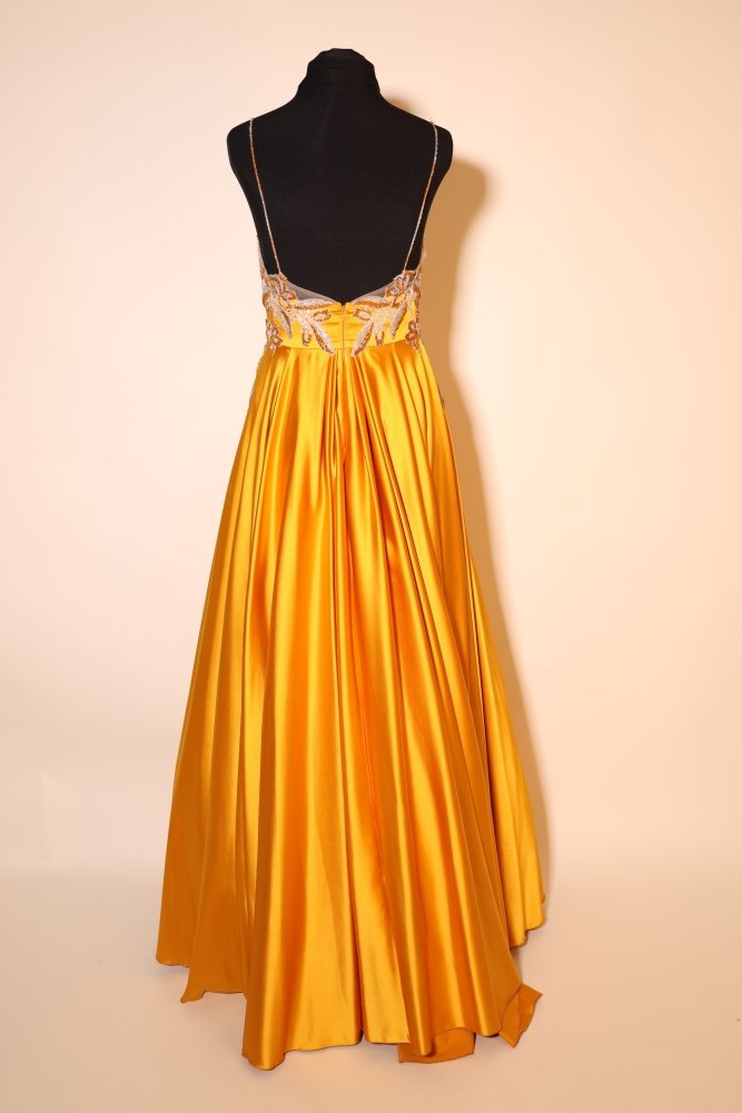 Second Hand Satinkleid mit Tüllunterrock und Rückenausschnitt, gelb - Dein Kleiderladen