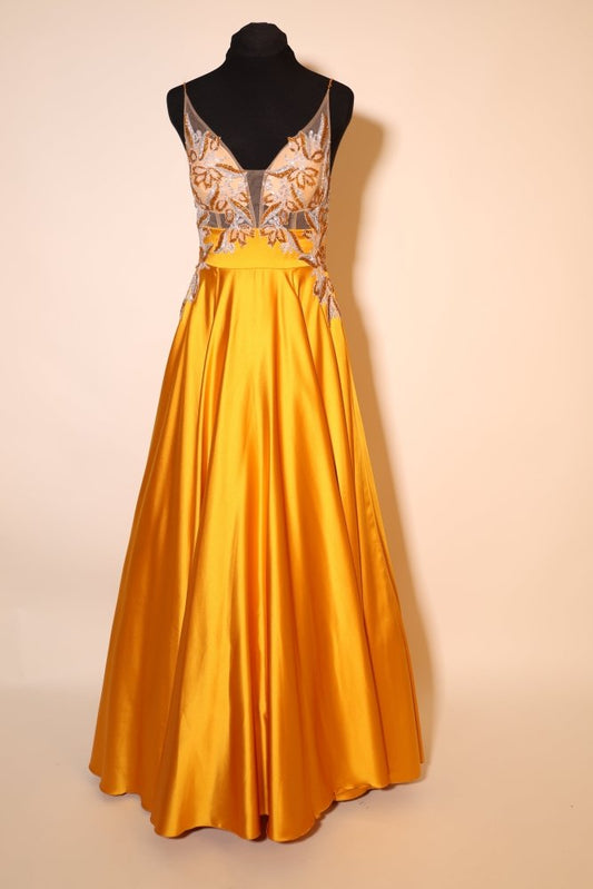 Second Hand Satinkleid mit Tüllunterrock und Rückenausschnitt, gelb - Dein Kleiderladen