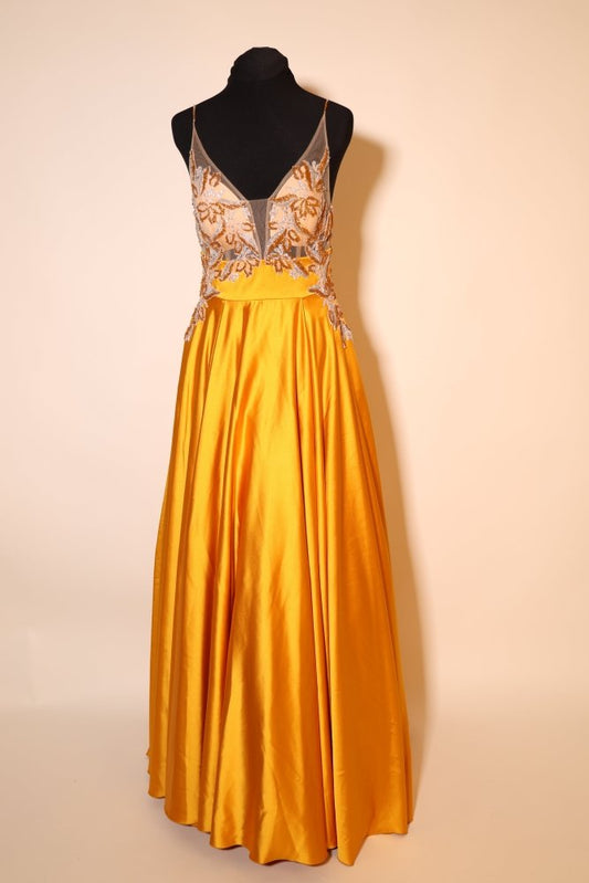 Second Hand Satinkleid mit Tüllunterrock und Rückenausschnitt, gelb - Dein Kleiderladen