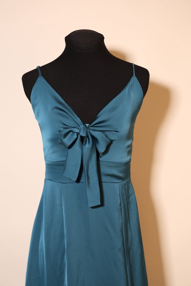 Second Hand weich fallendes Satinkleid mit eleganter Schleife, petrol - Dein Kleiderladen