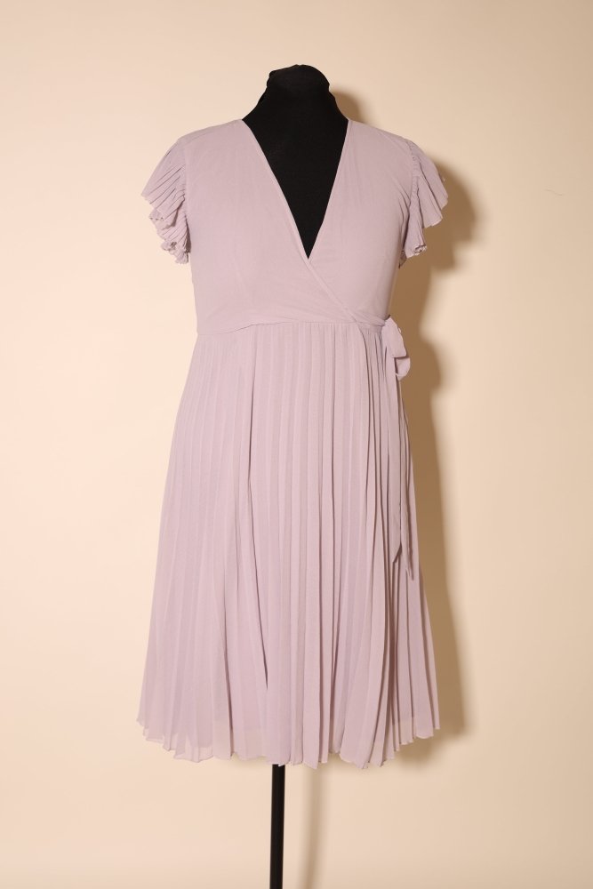 Second Hand Wickelkleid mit tiefem V - Ausschnitt und plissiertem Midirock, hellgrau - Dein Kleiderladen