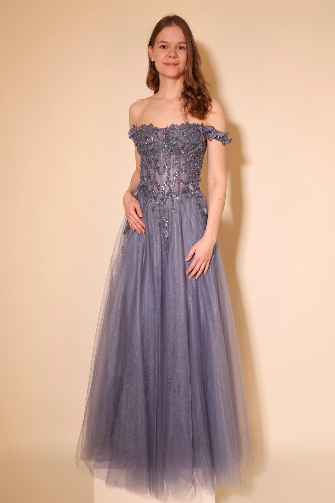Tüll - Abendkleid mit Offshoulder - Trägern & Rückenschnürung, graublau - Dein Kleiderladen