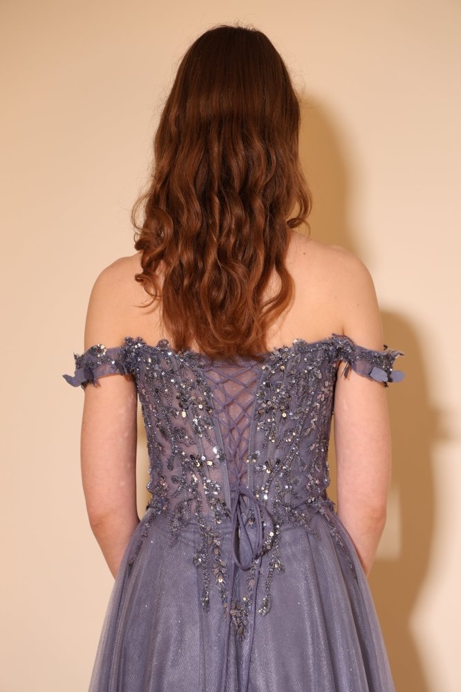 Tüll - Abendkleid mit Offshoulder - Trägern & Rückenschnürung, graublau - Dein Kleiderladen