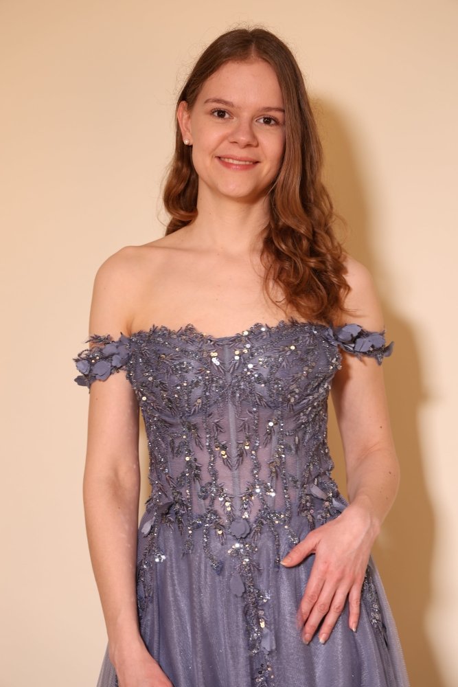 Tüll - Abendkleid mit Offshoulder - Trägern & Rückenschnürung, graublau - Dein Kleiderladen