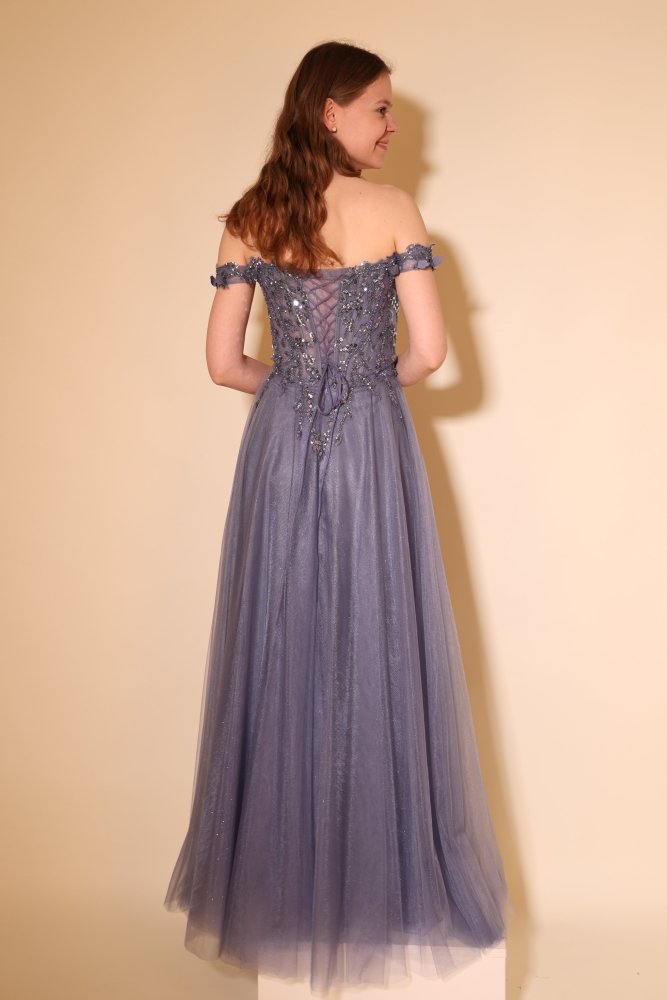 Tüll - Abendkleid mit Offshoulder - Trägern & Rückenschnürung, graublau - Dein Kleiderladen