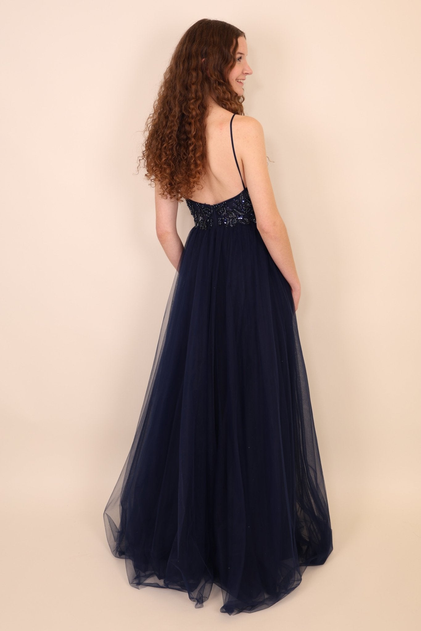 Tüllkleid mit floraler Bestickung, dunkelblau - Dein Kleiderladen