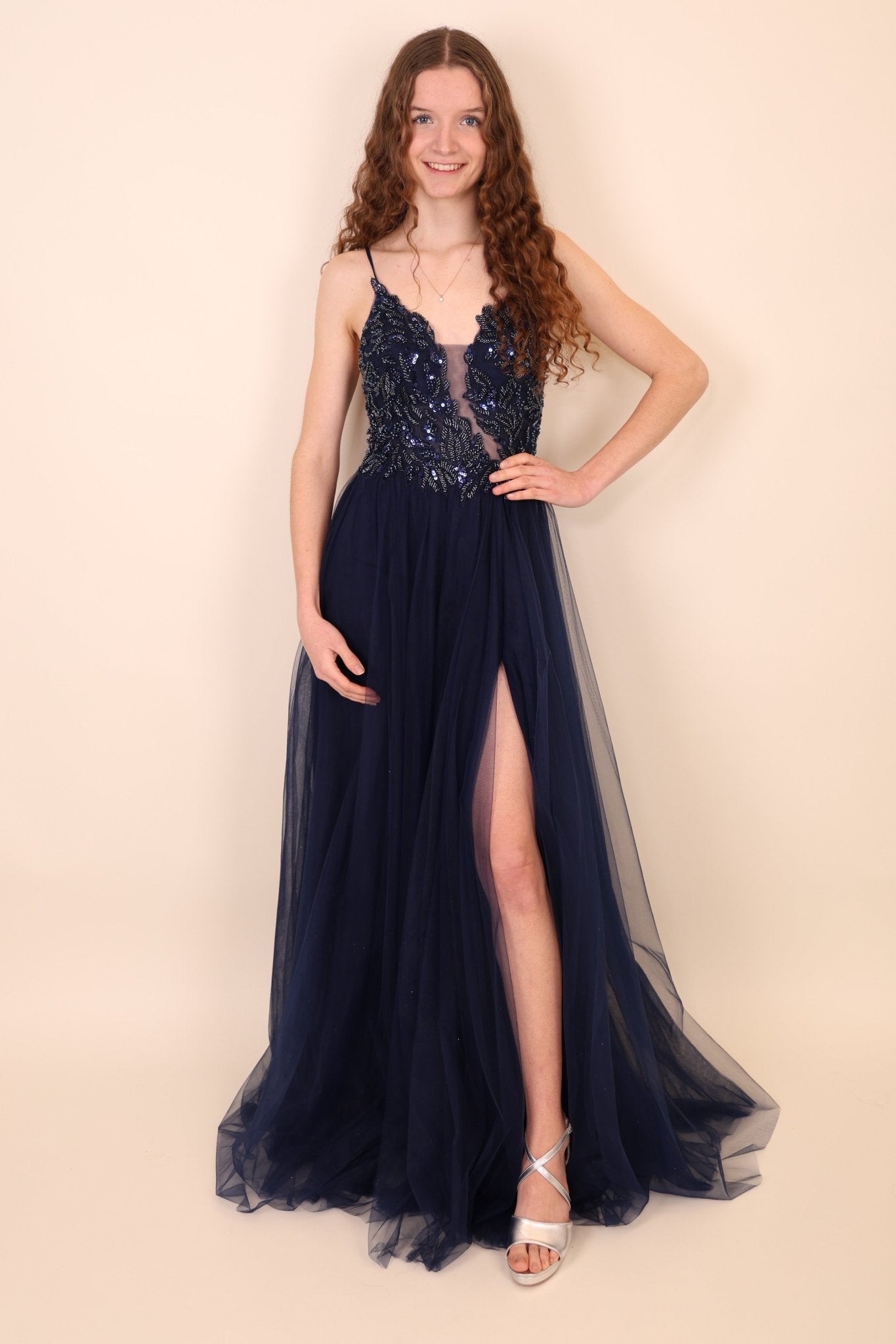 Tüllkleid mit floraler Bestickung, dunkelblau - Dein Kleiderladen