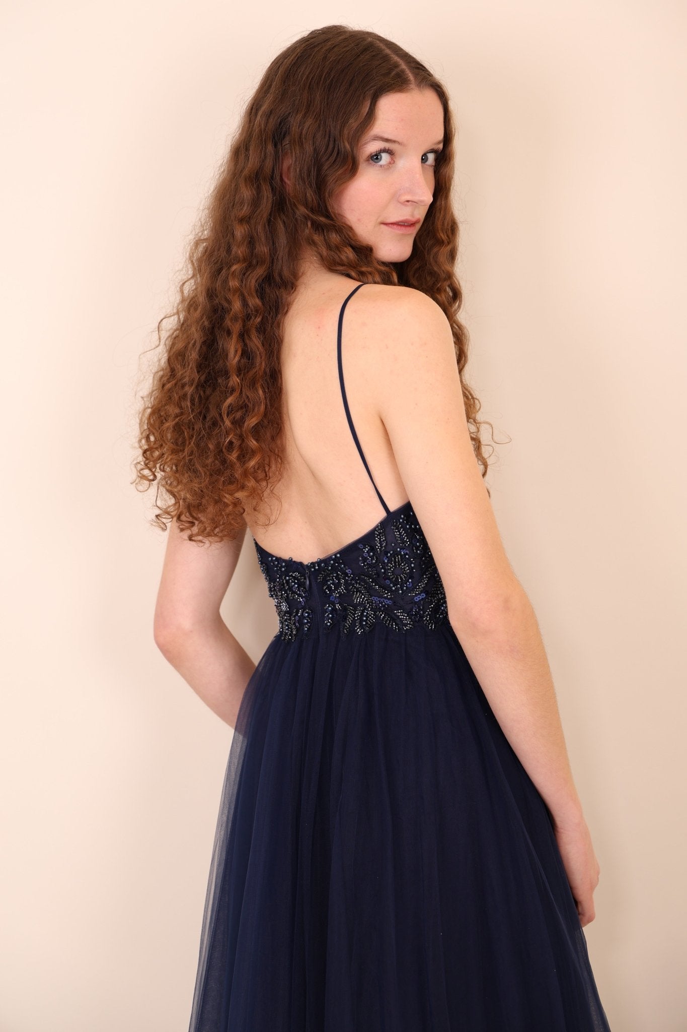 Tüllkleid mit floraler Bestickung, dunkelblau - Dein Kleiderladen