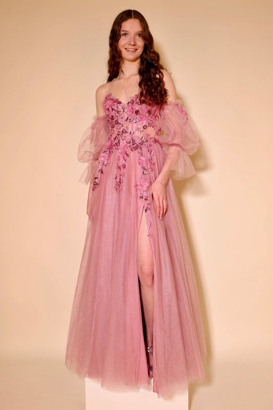 Tüllkleid mit langen Off - Shoulder - Tüllärmeln, Spitzenoberteil und Schnürung, altrosa - Dein Kleiderladen