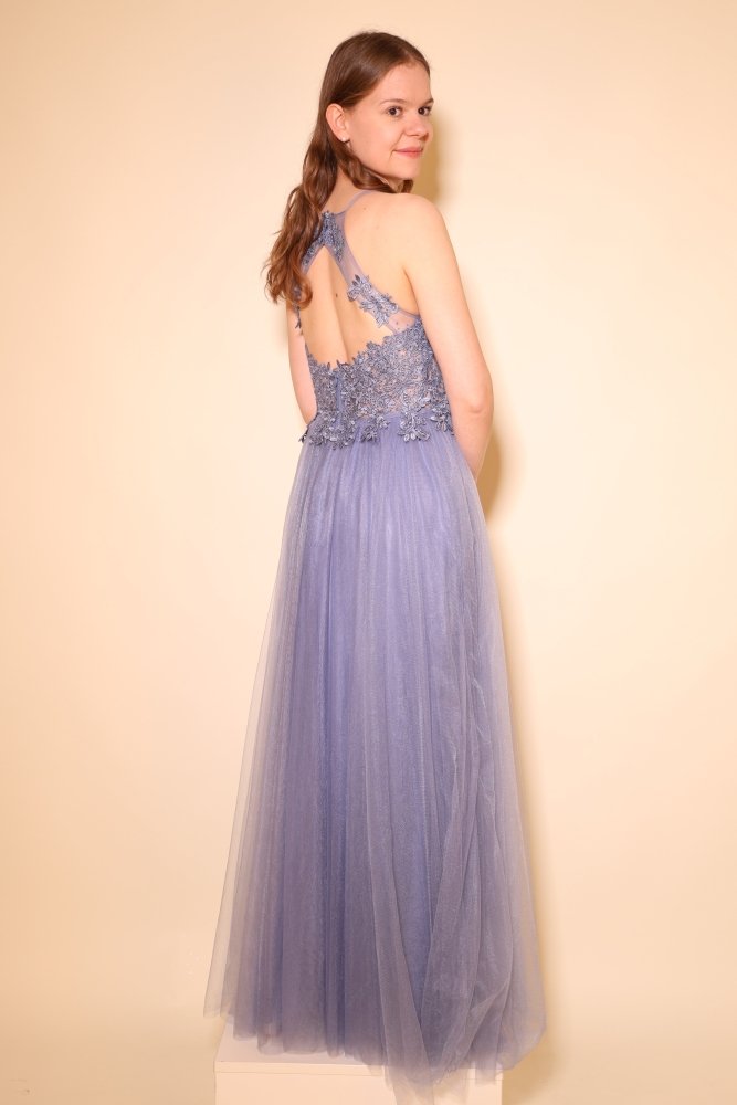 Tüllkleid mit Spitzenoberteil und Neckholder, graublau - Dein Kleiderladen