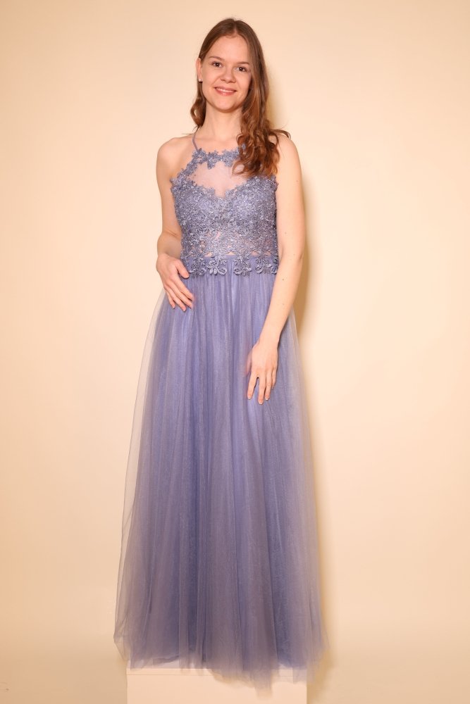 Tüllkleid mit Spitzenoberteil und Neckholder, graublau - Dein Kleiderladen