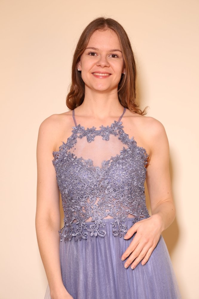 Tüllkleid mit Spitzenoberteil und Neckholder, graublau - Dein Kleiderladen