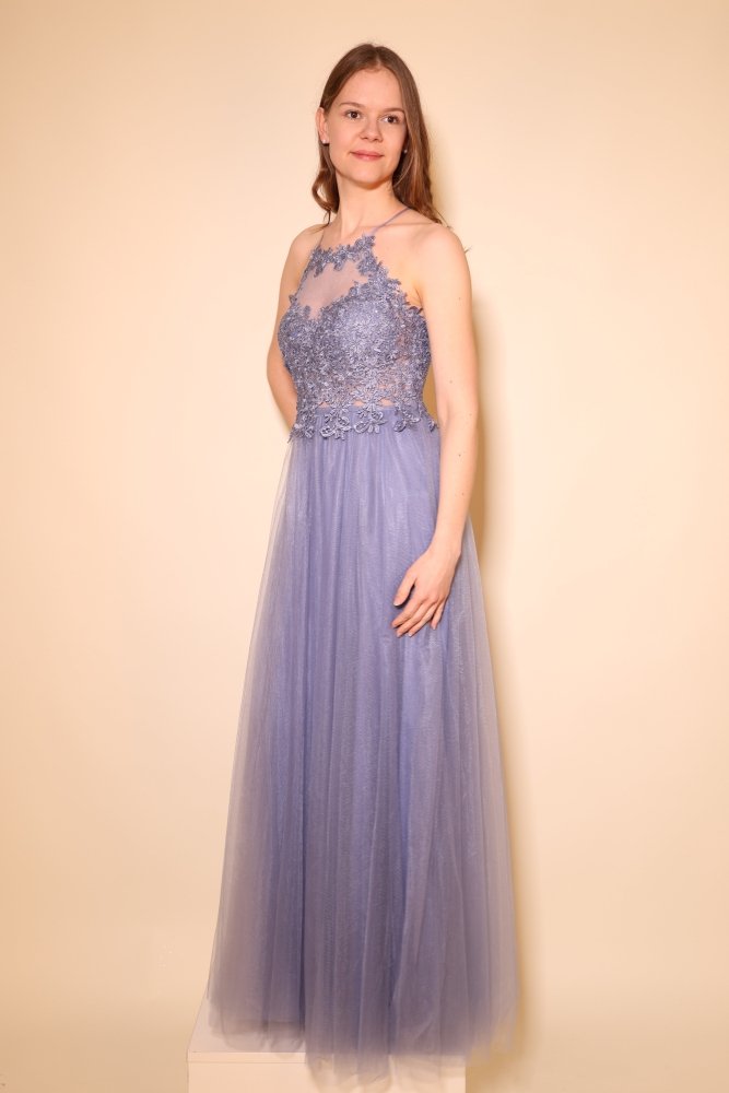 Tüllkleid mit Spitzenoberteil und Neckholder, graublau - Dein Kleiderladen