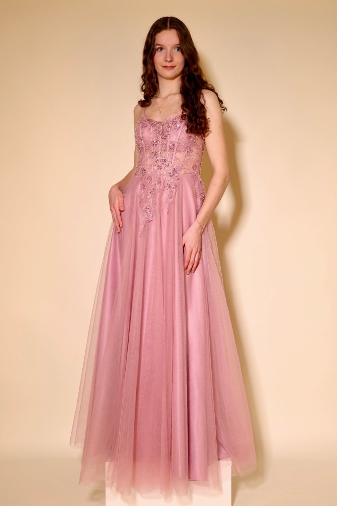 Tüllkleid mit transparenter Spitzen - Corsage und Schnürung, rosa - Dein Kleiderladen