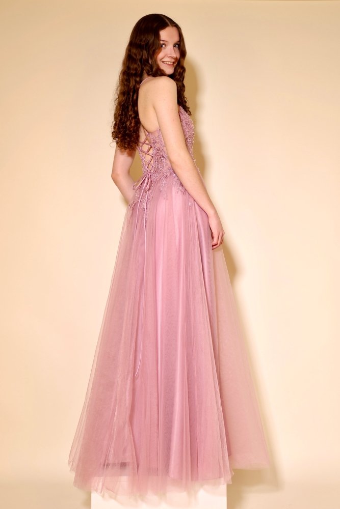 Tüllkleid mit transparenter Spitzen - Corsage und Schnürung, rosa - Dein Kleiderladen