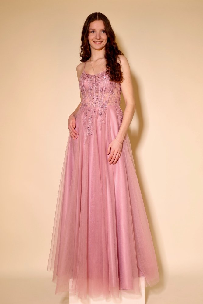Tüllkleid mit transparenter Spitzen - Corsage und Schnürung, rosa - Dein Kleiderladen