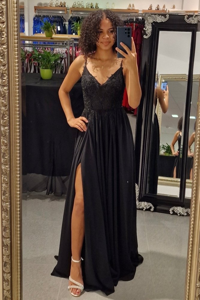 Ballkleid – elegantes langes Chiffonkleid mit feiner Spitze, schwarz - Dein Kleiderladen