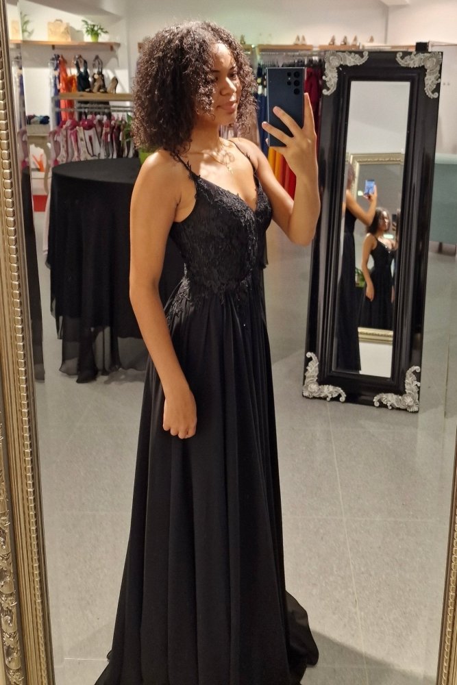Ballkleid – elegantes langes Chiffonkleid mit feiner Spitze, schwarz - Dein Kleiderladen