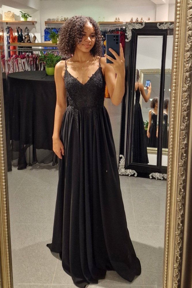 Ballkleid – elegantes langes Chiffonkleid mit feiner Spitze, schwarz - Dein Kleiderladen