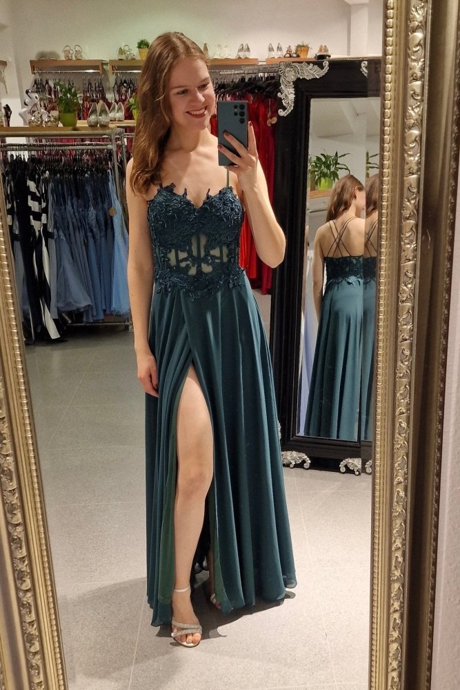 Ballkleid mit besticktem Korsett & Schlitz, dunkelgrün - Dein Kleiderladen