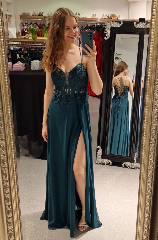 Abendkleid mit feiner Spitze, dunkelgrün - Dein Kleiderladen