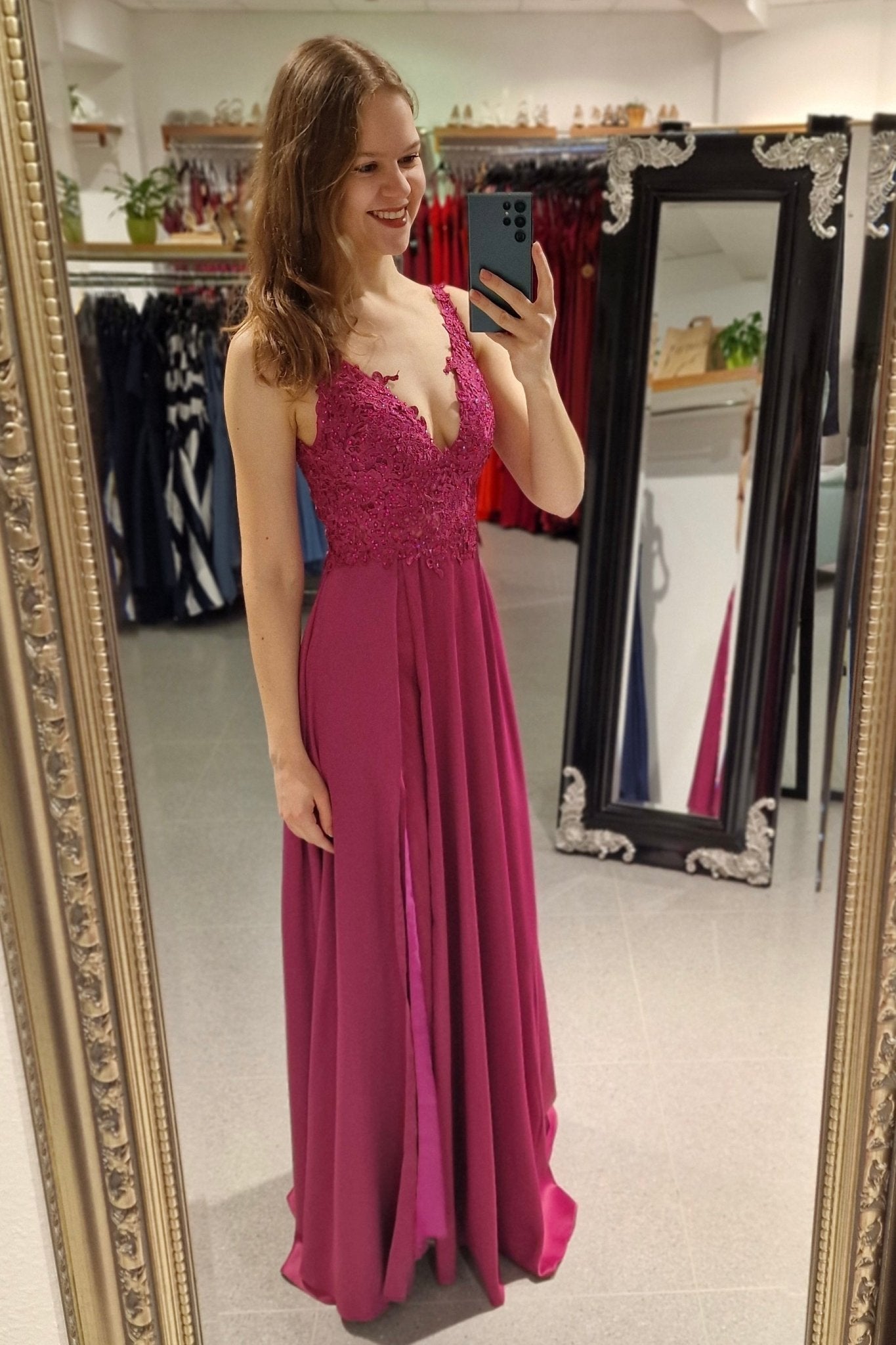 Abendkleid mit Spitze, pink - Dein Kleiderladen