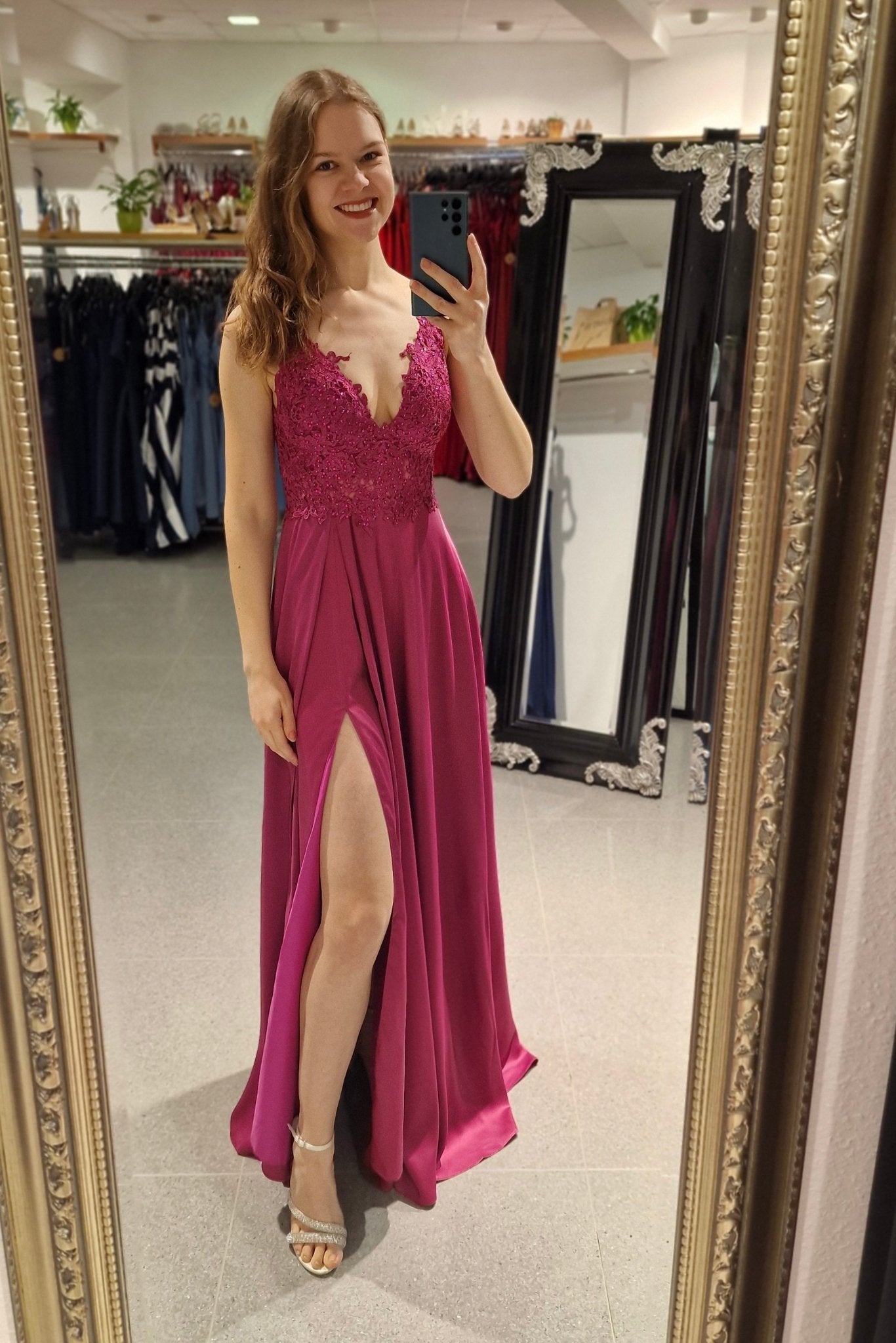 Abendkleid mit Spitze, pink - Dein Kleiderladen