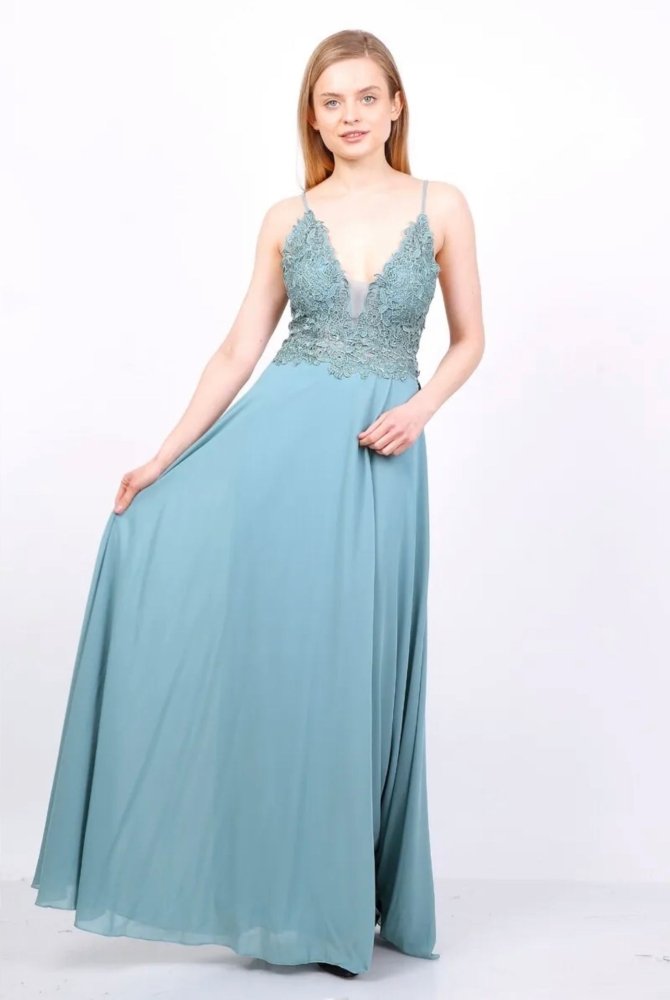 Ballkleid - Langes Chiffonkleid mit Schnürung und Schlitz, petrol/dunkelgrün - Dein Kleiderladen